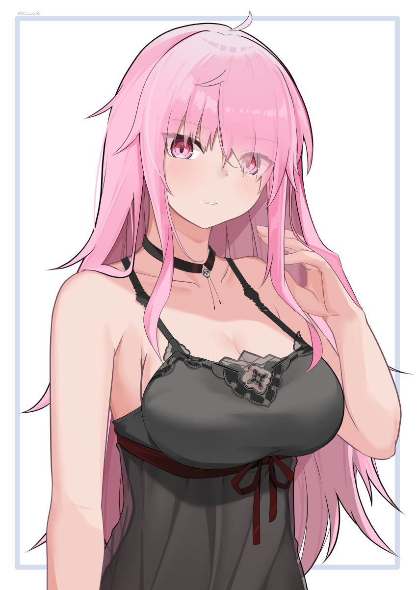 1girl absurdres bare_shoulders black_choker black_nightgown blush breasts choker cleavage collarbone commentary highres hololive hololive_english kanadeho large_breasts long_hair looking_at_viewer messy_hair mori_calliope mori_calliope_(sleepwear) nightgown official_alternate_costume pink_eyes pink_hair skull_choker solo virtual_youtuber white_background