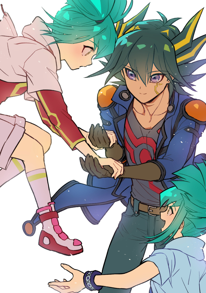 1girl 2boys absurdres belt black_hair black_shirt blonde_hair blue_coat blue_jacket blue_shirt brother_and_sister brown_gloves coat collarbone facial_mark fudo_yusei gloves green_hair high_ponytail highres hood hooded_jacket jacket lua_(yu-gi-oh!) luca_(yu-gi-oh!) medium_hair multicolored_hair multiple_boys pink_jacket pink_socks purple_eyes red_shirt shirt siblings simple_background smile socks spiked_hair twins twintails two-tone_hair white_background youko-shima yu-gi-oh! yu-gi-oh!_5d's