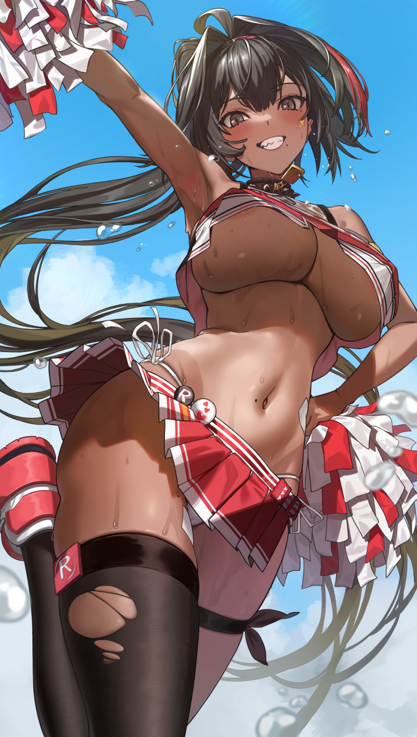 1girl areola_slip armpits bare_arms bare_shoulders bay_(nikke) black_hair black_thighhighs blush day from_below goddess_of_victory:_nikke grey_eyes grin hair_intakes highres holding holding_pom_poms looking_at_viewer microskirt mole mole_on_stomach mole_on_thigh mole_under_eye mole_under_mouth multicolored_hair navel outdoors panties parted_lips pleated_skirt pom_pom_(cheerleading) red_footwear red_hair red_skirt side-tie_panties single_thighhigh skirt smile solo stomach streaked_hair sweat teeth thigh_strap thighhighs thighs torn_clothes torn_thighhighs underwear white_panties yukiman1056