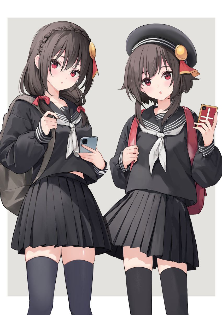 2girls absurdres alternate_costume backpack bag beret black_hat black_sailor_collar black_serafuku black_shirt black_skirt black_thighhighs blush bow braid breasts brown_hair cellphone commentary_request crown_braid grey_background hair_between_eyes hair_bow hair_over_shoulder hat highres holding holding_phone kono_subarashii_sekai_ni_shukufuku_wo! lisu long_hair long_sleeves looking_at_viewer low_twintails medium_breasts megumin multiple_girls neckerchief parted_lips phone pleated_skirt puffy_long_sleeves puffy_sleeves red_bow red_eyes sailor_collar school_uniform serafuku shirt skindentation skirt sleeves_past_wrists small_breasts standing thighhighs twintails two-tone_background white_background white_neckerchief yunyun_(konosuba)