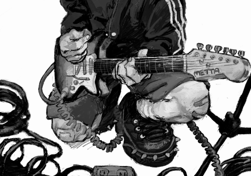 1boy bandaid bandaid_on_leg black_footwear black_jacket electric_guitar faceless faceless_male greyscale guitar highres holding holding_guitar holding_instrument holding_plectrum instrument jacket mettaflix monochrome original plectrum shorts