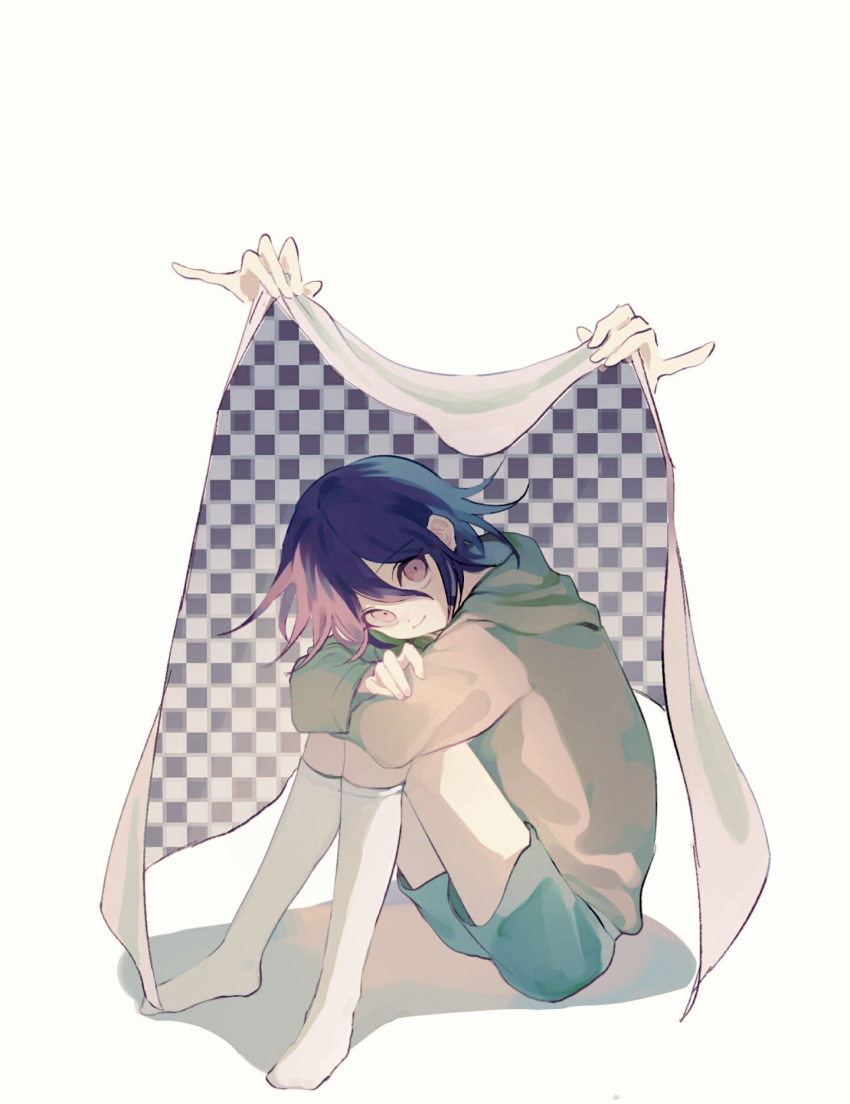 1boy alternate_costume arms_on_knees black_cape blue_shorts cape checkered_cape commentary crossed_arms danganronpa_(series) danganronpa_v3:_killing_harmony disembodied_limb full_body green_hoodie green_sleeves hair_between_eyes head_on_arm highres holding holding_cape holding_clothes hood hood_down hoodie kneehighs knees_up long_sleeves looking_at_viewer no_shoes oma_kokichi omanyam1 parted_lips purple_eyes purple_hair shadow short_hair shorts simple_background sitting smile socks solo symbol-only_commentary two-sided_cape two-sided_fabric two-tone_cape white_background white_cape white_socks