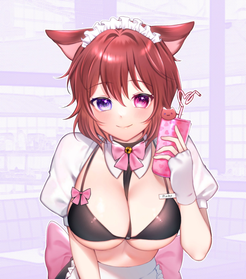 1girl animal_ears black_bra bow bowtie bra breasts cat_ears closed_mouth clothing_cutout cup fyirkingdomsis gift_art heterochromia highres holding holding_cup indie_virtual_youtuber large_breasts maid pink_bow pink_bowtie pink_eyes pinky_mikaori purple_eyes red_hair second-party_source smile thai_commentary underwear virtual_youtuber