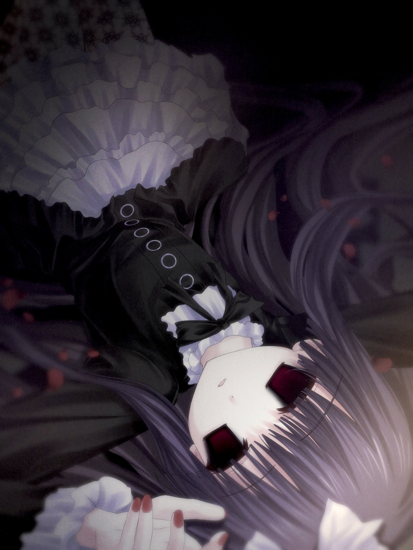 1girl absurdres black_dress black_ribbon buttons dark dress hajang68 highres kirishiki_sunako long_hair long_sleeves looking_at_viewer lying nail_polish neck_ribbon on_back parted_lips petals purple_hair red_eyes red_nails ribbon shiki_(novel) solo upside-down very_long_hair