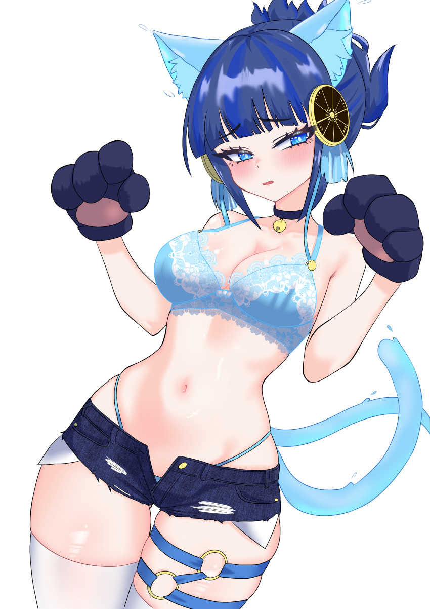 1girl absurdres animal_ears animal_hands bell blue_eyes blue_hair blush bra breasts cat_ears cat_tail denim denim_shorts duel_monster gloves highres midriff navel neck_bell ni-ni_the_mirror_mikanko oldsickkim paw_gloves short_hair shorts solo tail thigh_strap underwear yu-gi-oh!