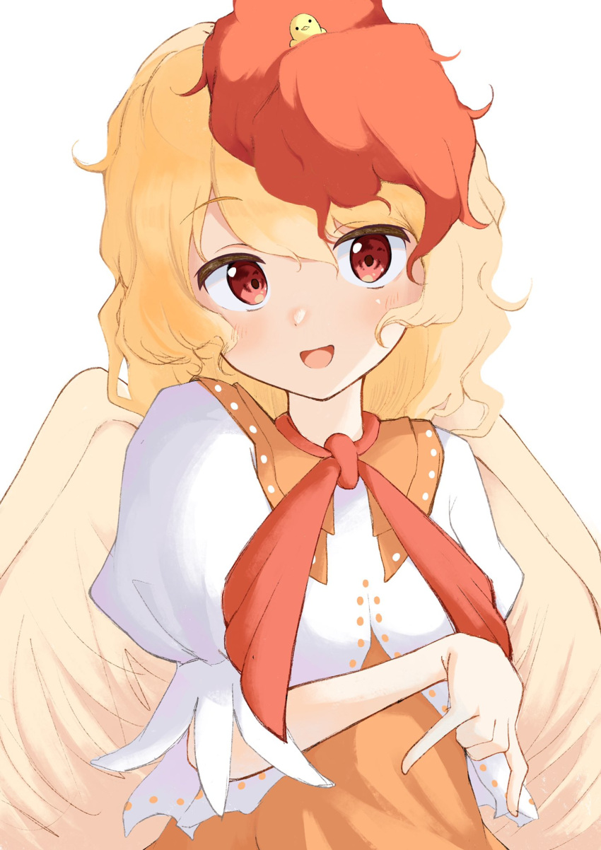 1girl :d animal_on_head bird bird_on_head bird_wings blonde_hair chick commentary_request dress feathered_wings highres iyo_mamoru multicolored_hair neckerchief niwatari_kutaka on_head open_mouth orange_dress puffy_short_sleeves puffy_sleeves red_eyes red_hair red_neckerchief shirt short_hair short_sleeves smile solo touhou two-tone_hair wavy_hair white_shirt wings yellow_wings