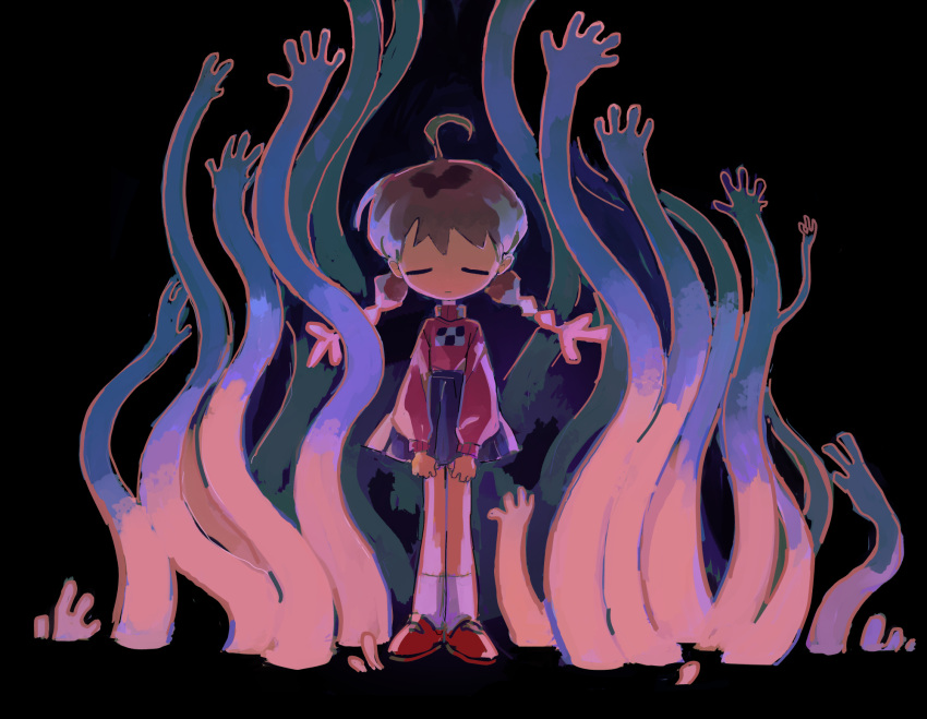 1girl ahoge black_background braid brown_hair closed_eyes creature facing_viewer full_body highres long_hair madotsuki robomb skirt solo twin_braids yume_nikki