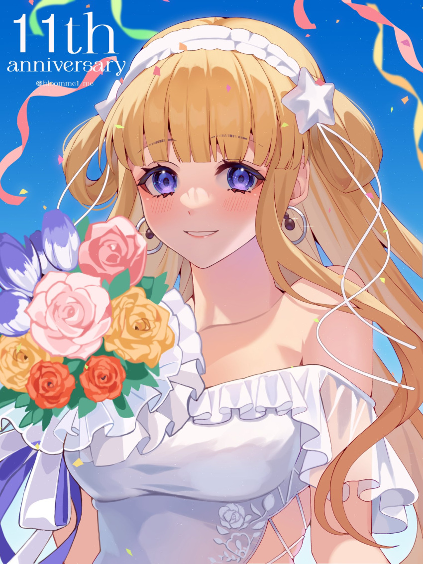 1girl anniversary bare_shoulders blonde_hair blunt_bangs bouquet double_bun dress fletcher_(kancolle) folded_hair frilled_dress frills hair_bun hair_ornament hairband highres kantai_collection kozu_(bloomme1_me) long_hair off-shoulder_dress off_shoulder purple_eyes smile solo star_(symbol) star_hair_ornament upper_body white_dress white_hairband