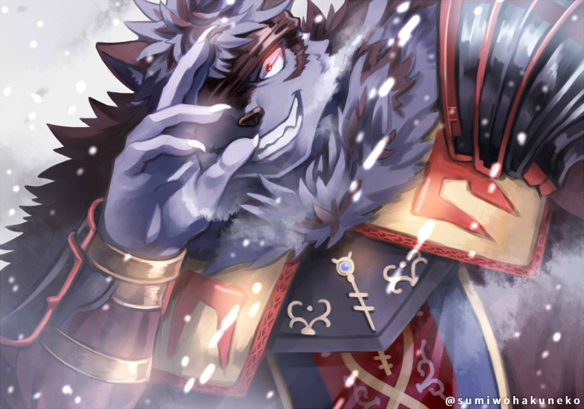 1boy bara fingernails furry furry_male grey_background grin highres looking_at_viewer male_focus one_eye_covered red_eyes sharp_fingernails smile solo sumi_wo_hakuneko tokyo_afterschool_summoners twitter_username volkh_vseslav