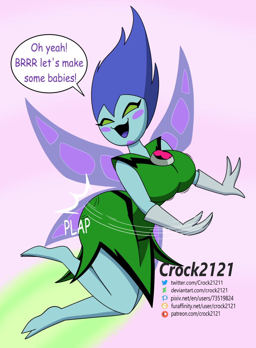 absurd_res alien ben_10 blush breasts cartoon_network chaquetrix clothing crock2121 dress english_text fairy female gloves green_clothing green_eyes handwear hi_res humanoid insect_wings nemuina pesky_dust simple_background slam solo text thick_thighs wings