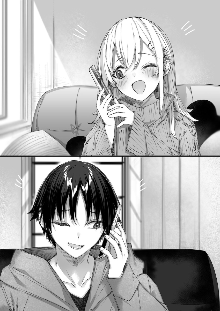 1boy 1girl blush cellphone collarbone commentary_request couch greyscale hair_between_eyes hair_ornament happy highres holding holding_phone hood hoodie kakao_(chocolate_land) long_hair looking_to_the_side lower_teeth_only monochrome novel_illustration official_art on_couch one_eye_closed oomichi_rika open_mouth phone raised_eyebrows ryoushin_no_shakkin second-party_source short_hair sideways_glance smartphone sweater talking_on_phone teeth window x_hair_ornament yoshizumi_yuya