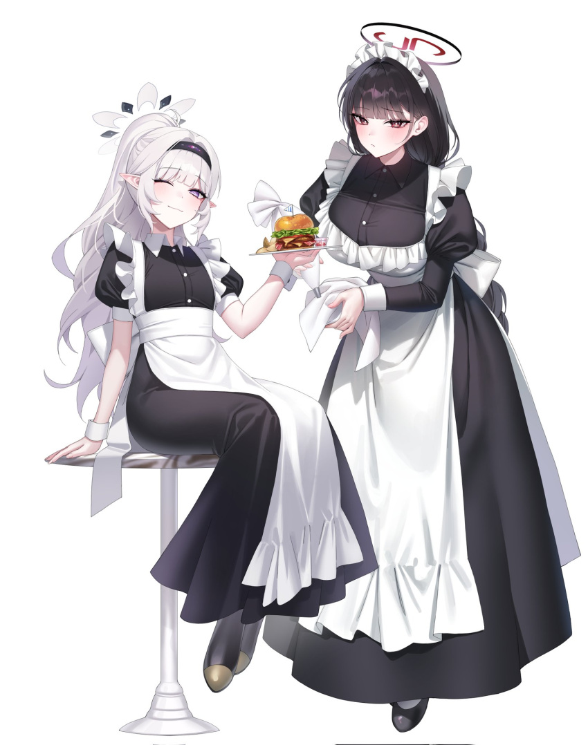 2girls ;) ;3 alternate_costume alternate_hairstyle apron arm_support bar_stool black_dress black_hair blue_archive blunt_bangs blush breasts bright_pupils burger commentary dress enmaided food frilled_apron frills full_body hairband halo highres himari_(blue_archive) holding holding_pastry_bag holding_tray juliet_sleeves large_breasts long_dress long_hair long_sleeves looking_at_viewer maid maid_apron maid_headdress mixed-language_commentary multiple_girls one_eye_closed pastry_bag pointy_ears ponytail puffy_short_sleeves puffy_sleeves purple_eyes raki_kr red_eyes ringed_eyes rio_(blue_archive) short_sleeves sidelocks simple_background sitting smile solo stool tray white_apron white_background white_hair white_pupils wrist_cuffs