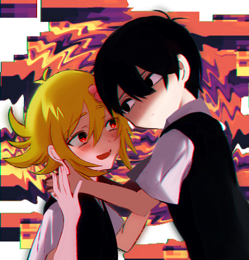 basil_(faraway)_(omori) basil_(omori) black_eyes black_hair black_sweater_vest blonde_hair blush closed_mouth collared_shirt flower green_sweater_vest hair_flower hair_ornament kauchi_(kani10cauchi) looking_at_another nervous_smile omori open_mouth red_eyes shirt short_hair smile sunny_(omori) sweater_vest