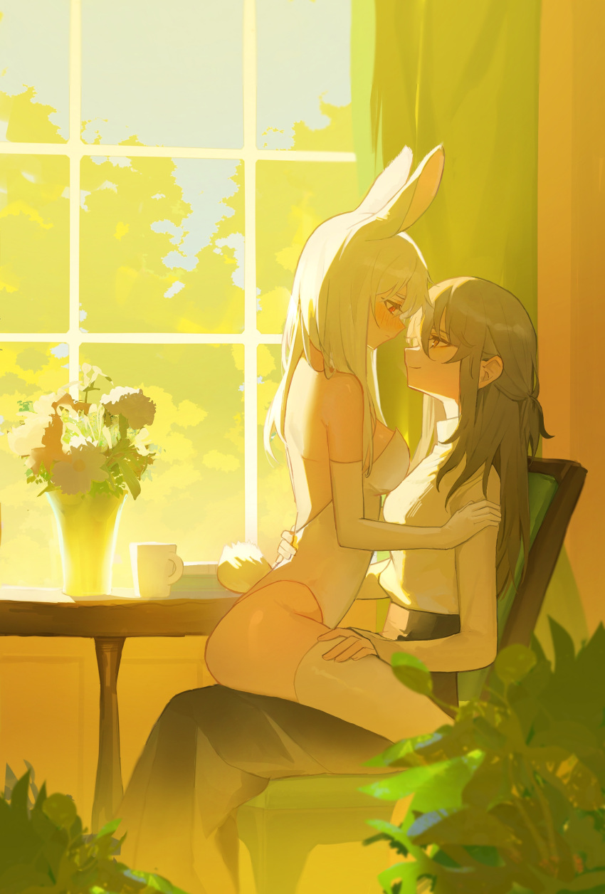 2girls absurdres animal_ears blush breasts chair closed_mouth cup curtains elbow_gloves flower gloves highres indoors long_hair multiple_girls nago_nago original rabbit_ears red_eyes sitting tail vase white_gloves white_hair window yuri