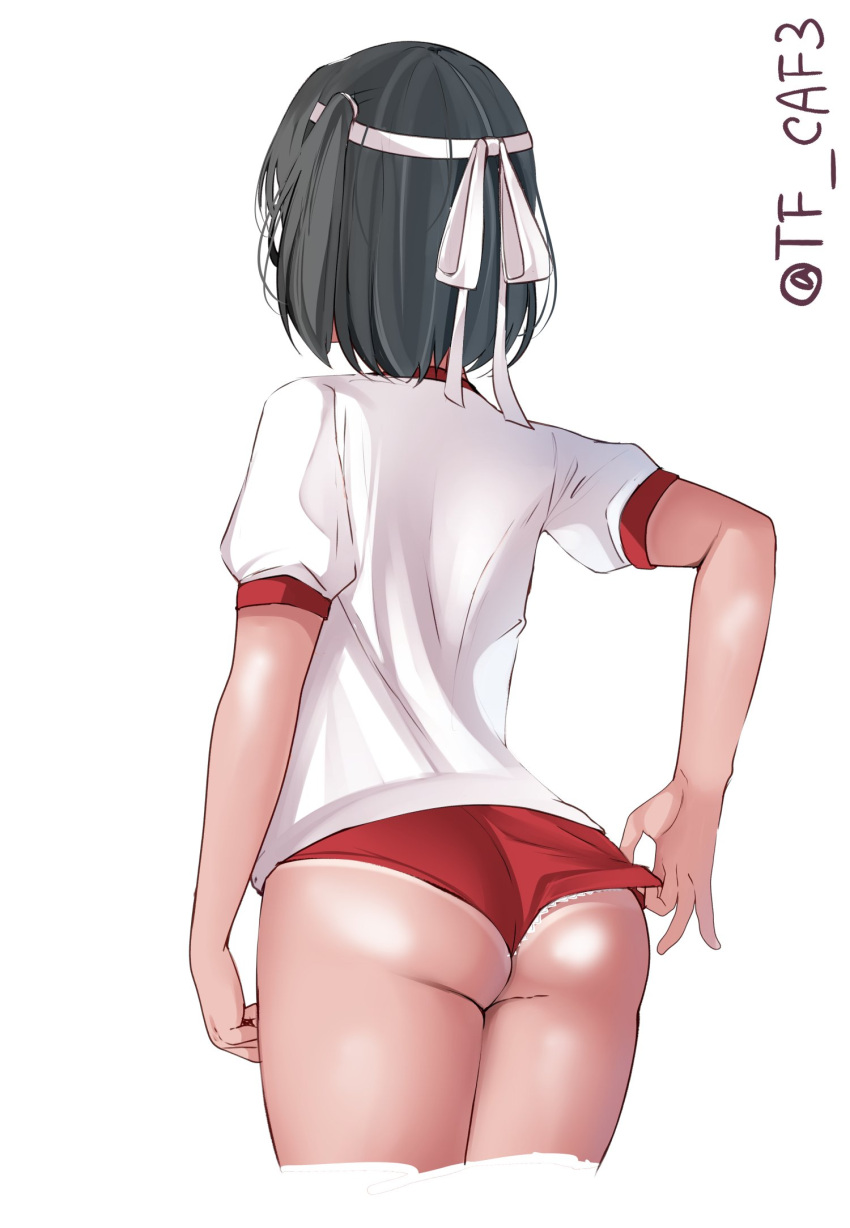 1girl adjusting_buruma adjusting_clothes ass back black_hair buruma from_behind gym_shirt gym_uniform hairband headband highres kantai_collection nagara_(kancolle) one_side_up panties panties_under_buruma panty_peek ponytail red_buruma ribbon shirt short_hair short_sleeves solo tf_cafe twitter_username underwear white_shirt