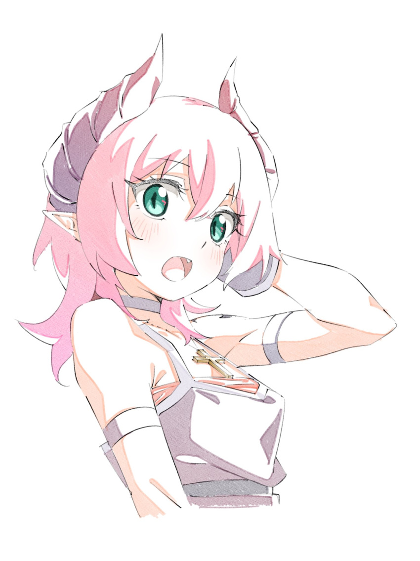 1girl arm_strap bare_shoulders blush breasts choker cropped_torso cross cross_necklace demon_girl demon_horns dress fang green_eyes highres horns jewelry looking_at_viewer medium_hair necklace open_mouth original pink_hair sakuya_(saqu09307728) simple_background small_breasts solo white_background wrist_cuffs