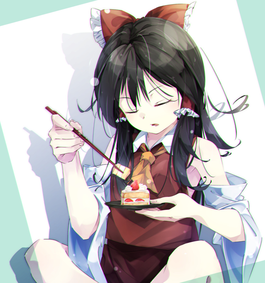 1girl ascot black_hair bow cake cake_slice chopsticks closed_eyes commentary_request detached_sleeves food frilled_bow frilled_hair_tubes frills fruit gorilla_(bun0615) hair_bow hair_tubes hakurei_reimu highres holding holding_chopsticks holding_plate long_hair open_mouth plate red_bow red_skirt shadow skirt skirt_set solo strawberry strawberry_slice touhou yellow_ascot