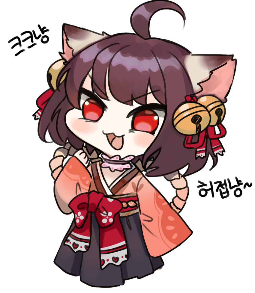 1girl :3 ahoge animal_ears bell blush bow brown_choker brown_hair brown_skirt cat_ears cat_girl chibi choker commentary_request cowboy_shot cropped_legs dokomon frilled_choker frills hair_bell hair_ornament hair_ribbon highres ichihime japanese_clothes jingle_bell kimono korean_commentary korean_text long_sleeves looking_at_viewer mahjong_soul medium_bangs obi open_mouth pink_kimono red_bow red_eyes red_ribbon red_sash ribbon sash short_hair simple_background skirt smile smug solo translation_request v-shaped_eyebrows waist_bow white_background wide_sleeves