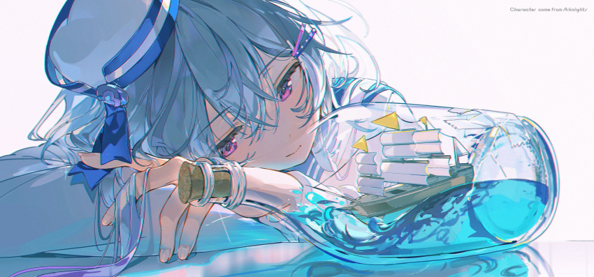 1boy absurdres androgynous aqua_theme arknights arm_on_table arm_pillow blue_hair blue_ribbon blue_sailor_collar blue_theme bottle chromatic_aberration closed_mouth copyright_name crossed_bangs english_text gradient_hair hair_between_eyes hair_ornament hair_spread_out hairpin hat head_on_arm highres long_sleeves mizuki_(arknights) multicolored_hair multiple_hairpins otoko_no_ko reflection reflective_table ribbon sailor_collar sailor_hat sailor_shirt shirt solo water z3zz4