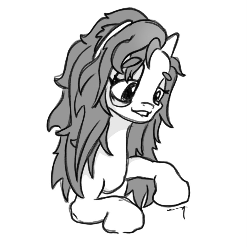 bite biting_lip earth_pony equid equine eye_bags eyelashes fan_character female floating_eyebrows hair hasbro hi_res horse long_hair mammal monochrome my_little_pony pony simple_background smile solo tuskonline white_background white_body