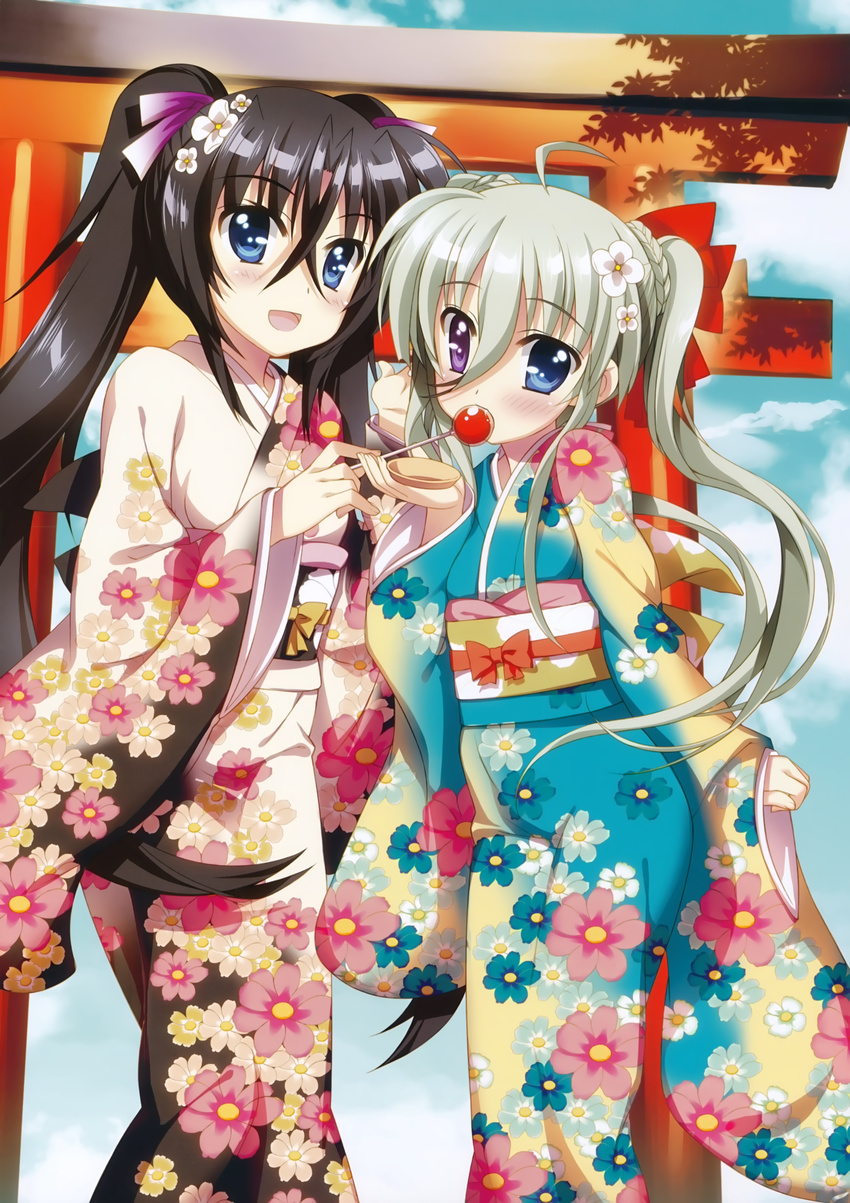 :d absurdres black_hair blush candy einhart_stratos floral_print flower food fujima_takuya green_eyes green_hair hair_flower hair_ornament hair_ribbon heterochromia highres japanese_clothes kimono long_hair lyrical_nanoha mahou_shoujo_lyrical_nanoha_vivid multiple_girls official_art open_mouth purple_eyes ribbon scan sieglinde_jeremiah smile torii twintails very_long_hair