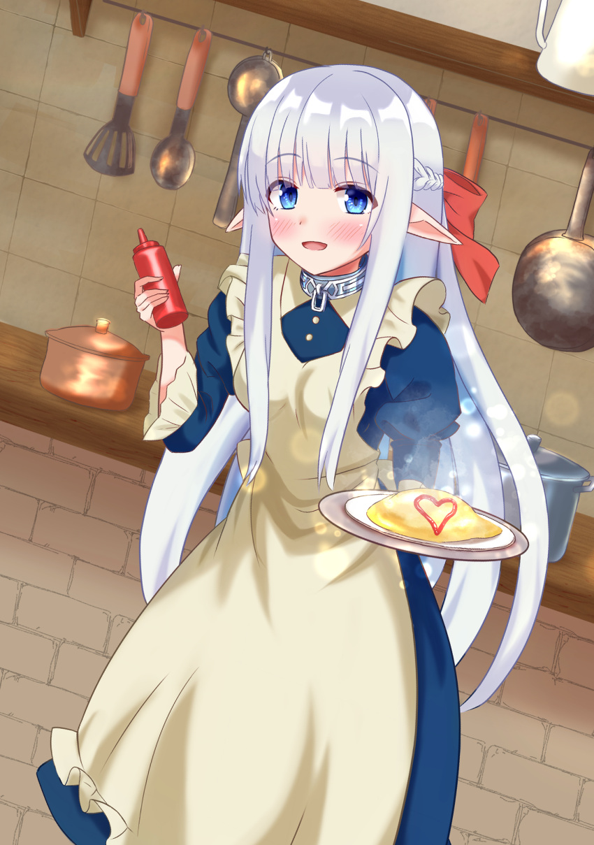 1girl apron blue_dress blue_eyes blush braid breasts cooking_pot dress elf eyebrows_hidden_by_hair feet_out_of_frame food frying_pan highres holding holding_tray ketchup ketchup_bottle kettle kitchen large_ribbon long_hair looking_at_viewer maid maid_apron maou_no_ore_ga_dorei_elf_wo_yome_ni_shitanda_ga_dou_medereba_ii? medium_breasts nephelia omelet omurice open_mouth pointy_ears rodo_(oekakisyakaijin) smile solo spatula spoon steam tray very_long_hair white_apron white_hair