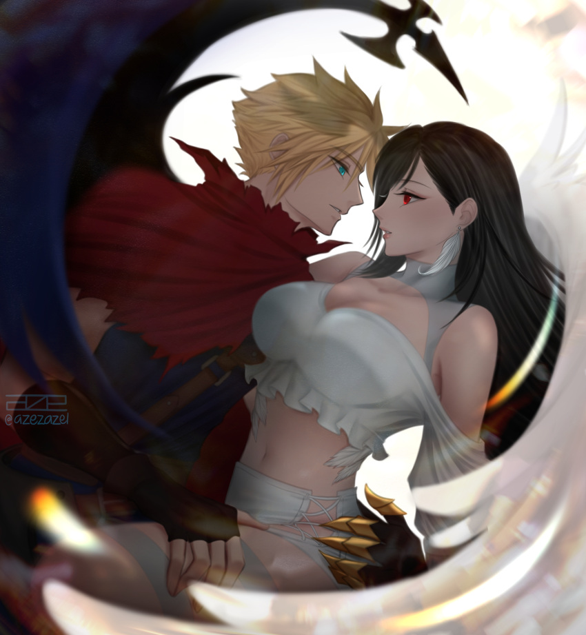 1boy 1girl absurdres angel_wings azezazel bare_shoulders black_hair black_wings blonde_hair blue_eyes breasts chest_guard claws cleavage cloak cloud_strife commentary couple cowboy_shot crop_top demon_wings earrings english_commentary feather_earrings feathered_wings feathers final_fantasy final_fantasy_vii final_fantasy_vii_ever_crisis final_fantasy_vii_remake fingerless_gloves frilled_shirt frills from_side gloves hand_on_another's_thigh hand_on_own_hip highres jewelry kingdom_hearts knee_up large_breasts long_hair looking_at_another midriff navel off-shoulder_shirt off_shoulder official_alternate_costume parted_lips profile red_cloak red_eyes shirt signature single_earring single_wing skirt smile spiked_hair thighhighs tifa_lockhart tifa_lockhart_(feather_style) upper_body white_feathers white_shirt white_skirt white_thighhighs white_wings wings