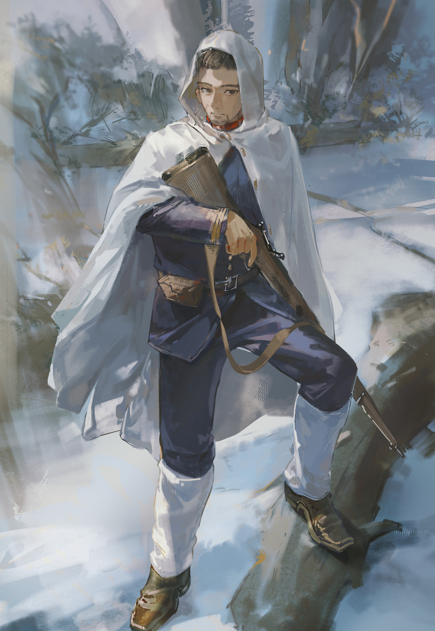 1boy absurdres black_hair cloak expressionless facial_hair golden_kamuy gun highres holding holding_gun holding_weapon hood hooded_cloak liyuliyuzhou male_focus military_uniform ogata_hyakunosuke outdoors rifle snow solo stubble uniform weapon white_cloak winter