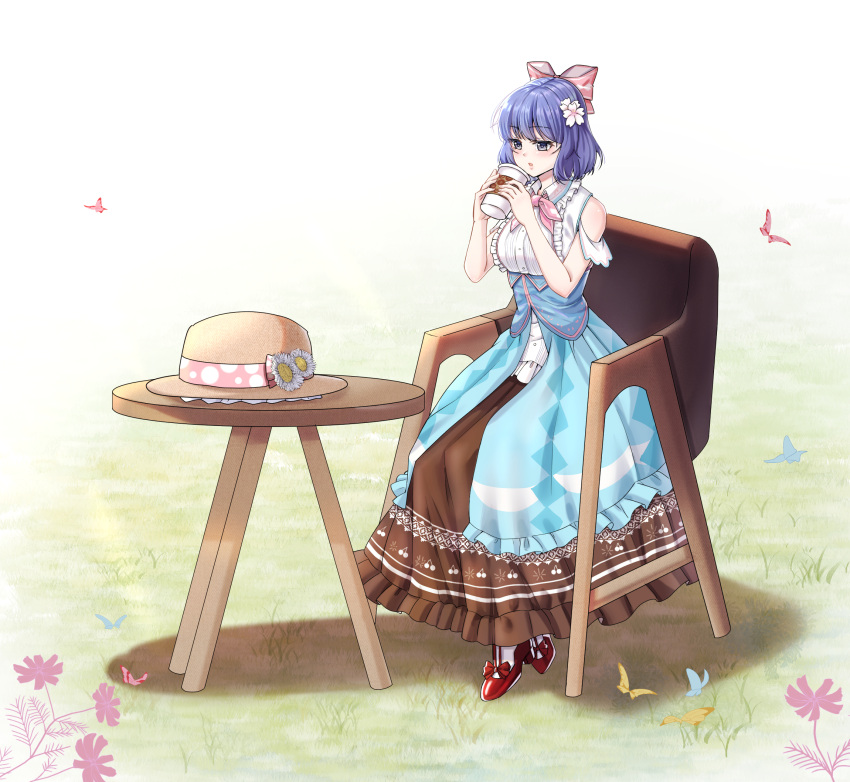 1girl blue_butterfly blue_corset blush bow bowtie breasts brown_skirt bug butterfly chair coffee_cup commentary commission corset cup disposable_cup flower frilled_shirt_collar frilled_skirt frills full_body grass grey_eyes hair_bow hair_flower hair_ornament hat hat_flower highres long_skirt mahjong_soul medium_bangs medium_breasts nanami_reina open_mouth pink_bow pink_bowtie pink_butterfly pink_flower purple_hair shirt short_hair sitting skirt sleeveless sleeveless_shirt solo sproutpotato sun_hat table unworn_hat unworn_headwear white_background white_flower white_shirt yellow_butterfly