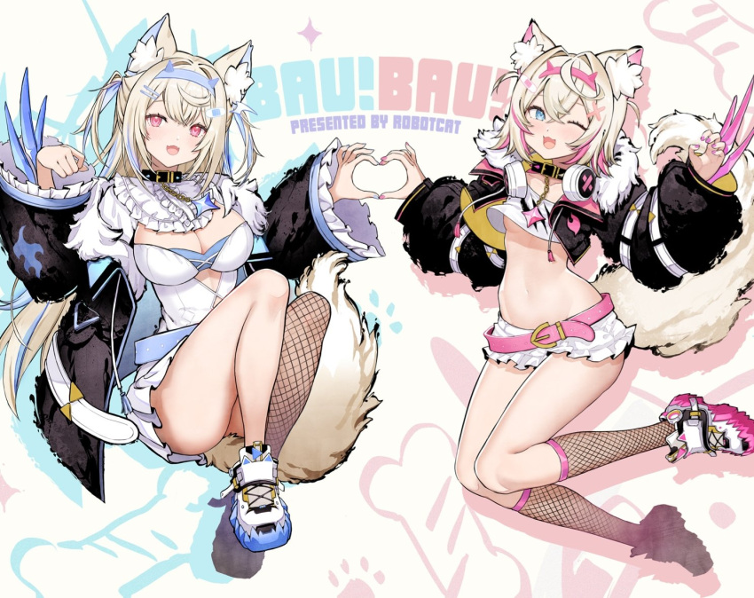 2girls ;d animal_collar animal_ears artist_name bandaid bandaid_hair_ornament belt black_coat black_collar black_jacket blonde_hair blue_eyes blue_hair blue_hairband blue_nails breasts brown_socks claw_pose claws cleavage coat collar colored_shoe_soles crop_top cropped_jacket cropped_shirt crossed_bangs dog_ears dog_girl dog_tail double-parted_bangs dress fake_horns fishnet_socks fishnets frilled_shorts frills fur-trimmed_jacket fur_trim fuwawa_abyssgard fuwawa_abyssgard_(1st_costume) groin hair_between_eyes hair_intakes hair_ornament hairband headphones headphones_around_neck heart heart_hands heart_hands_duo hololive hololive_english horn_hairband horns jacket jumping kneehighs large_breasts long_hair long_sleeves looking_at_viewer mococo_abyssgard mococo_abyssgard_(1st_costume) multicolored_hair multiple_girls nail_polish one_eye_closed pink_belt pink_eyes pink_hair pink_hairband pink_nails puffy_long_sleeves puffy_sleeves robot_cat_(robotcatart) shirt shoes short_hair short_shorts shorts signature simple_background small_breasts smile sneakers socks solo spiked_collar spikes streaked_hair tail twitter_username two_side_up underboob virtual_youtuber white_background white_dress white_footwear white_shirt white_shorts x_hair_ornament