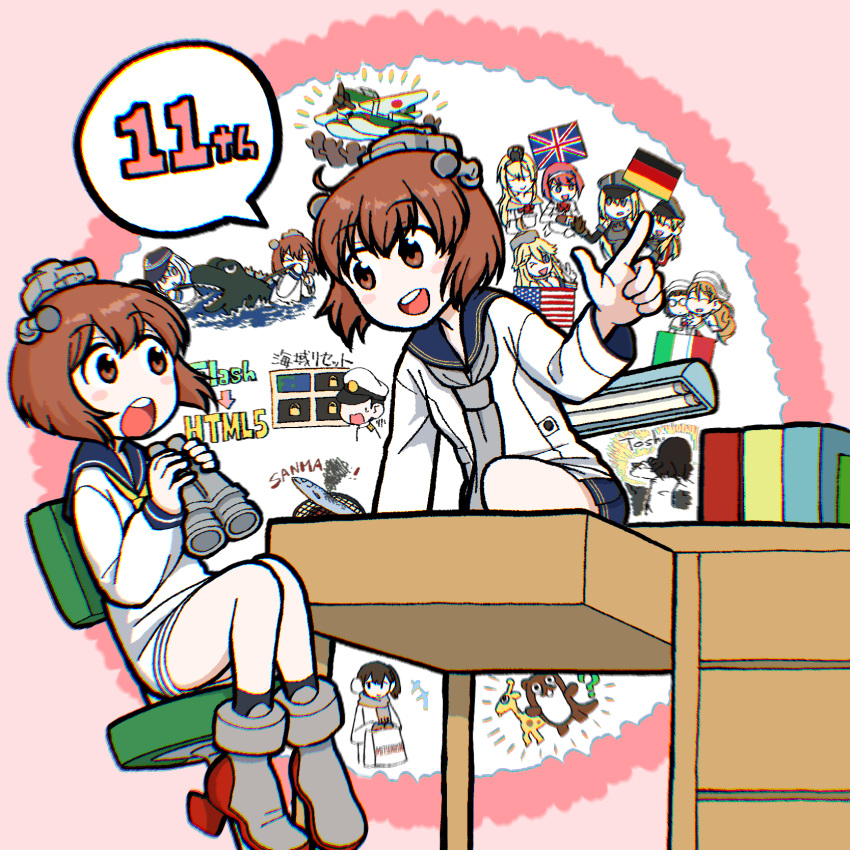 1boy 6+girls admiral_(kancolle) anniversary ark_royal_(kancolle) binoculars bismarck_(kancolle) bokukawauso brown_eyes brown_hair dress dual_persona giant giant_monster godzilla godzilla_(minus_one) godzilla_(series) godzilla_minus_one grey_neckerchief headgear hibiki_(kancolle) highres iowa_(kancolle) kaga_(kancolle) kaijuu kantai_collection kirin_kai-ii littorio_(kancolle) mascot multiple_girls neckerchief nemu_(nemurakka) otter prinz_eugen_(kancolle) roma_(kancolle) sailor_dress short_hair sitting speaking_tube_headset speech_bubble stuffed_otter warspite_(kancolle) yellow_neckerchief yukikaze_(kancolle) yukikaze_kai_ni_(kancolle)