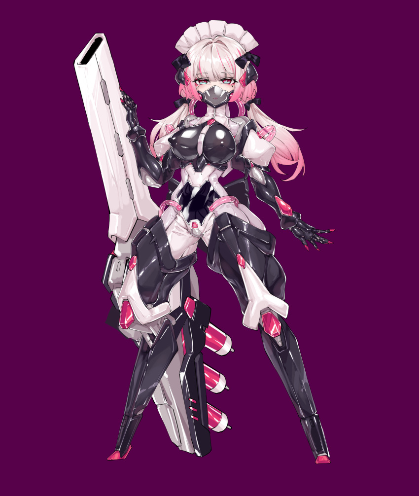 1girl absurdres blue_eyes bodysuit breasts cannon covered_nipples digitigrade exoskeleton full_body highres huge_weapon jian_xuanyuan large_breasts latex long_hair looking_at_viewer low_twintails mask mecha_musume mechanical_arms mechanical_legs mouth_mask original pink_hair purple_background second-party_source shiny_clothes skin_tight solo standing stealth_bondage twintails variant_set weapon