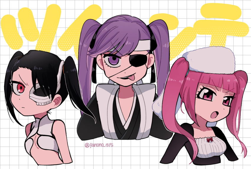 3girls :o :p black_hair black_kimono black_ribbon bleach bleach:_sennen_kessen-hen blunt_bangs breasts cleavage closed_mouth commentary cropped_torso dokugamine_riruka eyelashes eyepatch frown hair_over_one_eye hair_ribbon hairstyle_connection haori hat highres japanese_clothes kimono loly_aivirrne long_hair long_sleeves looking_at_viewer medium_breasts multiple_girls one_eye_covered open_mouth purple_eyes red_eyes ribbon saitou_furoufushi shirt simple_background sleeveless sleeveless_shirt small_breasts smile straight_hair swept_bangs tongue tongue_out tsurime twintails twitter_username upper_body v-shaped_eyebrows white_background white_hat white_shirt yanono_015