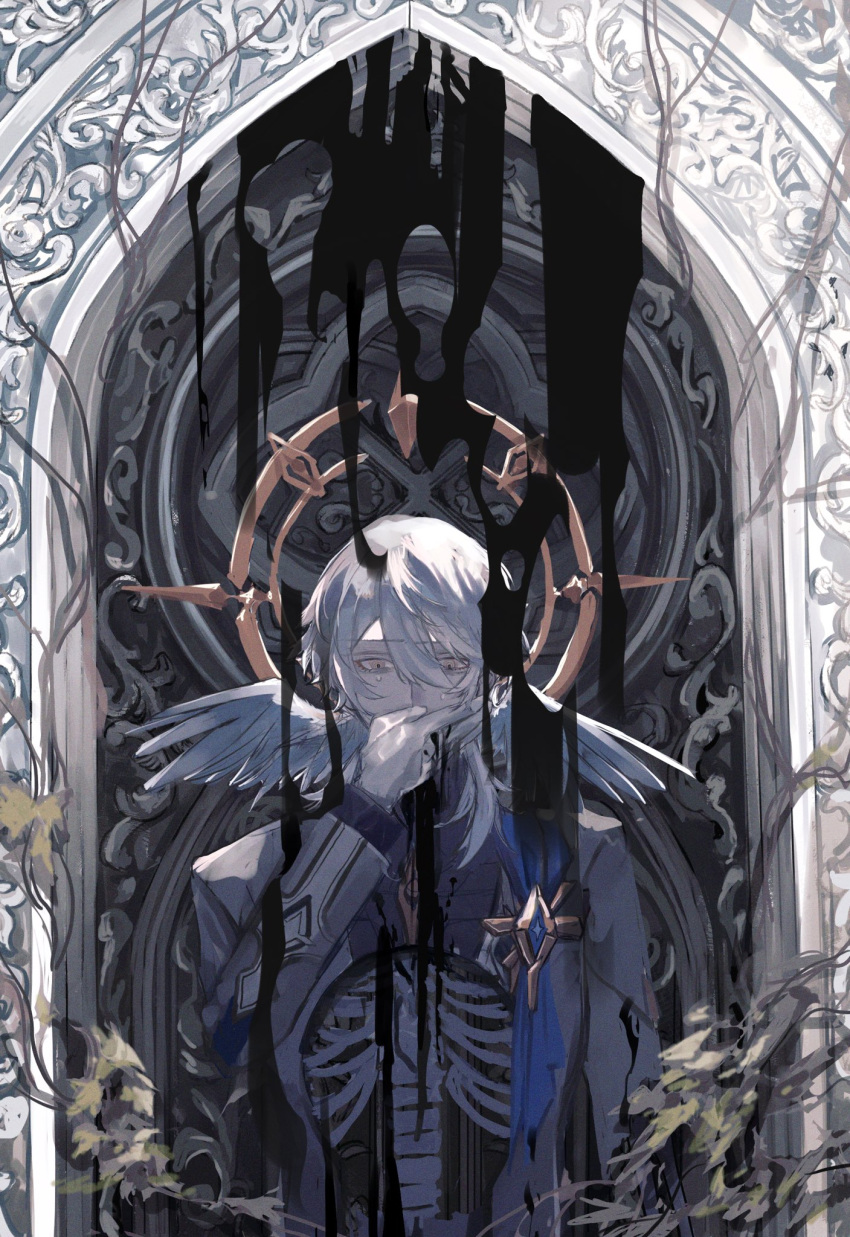 1boy covering_own_mouth earrings furutarutaru gloves grey_hair hair_between_eyes halo hand_over_own_mouth head_wings highres honkai:_star_rail honkai_(series) jewelry long_sleeves male_focus medium_hair solo sunday_(honkai:_star_rail) white_gloves white_wings wings yellow_eyes