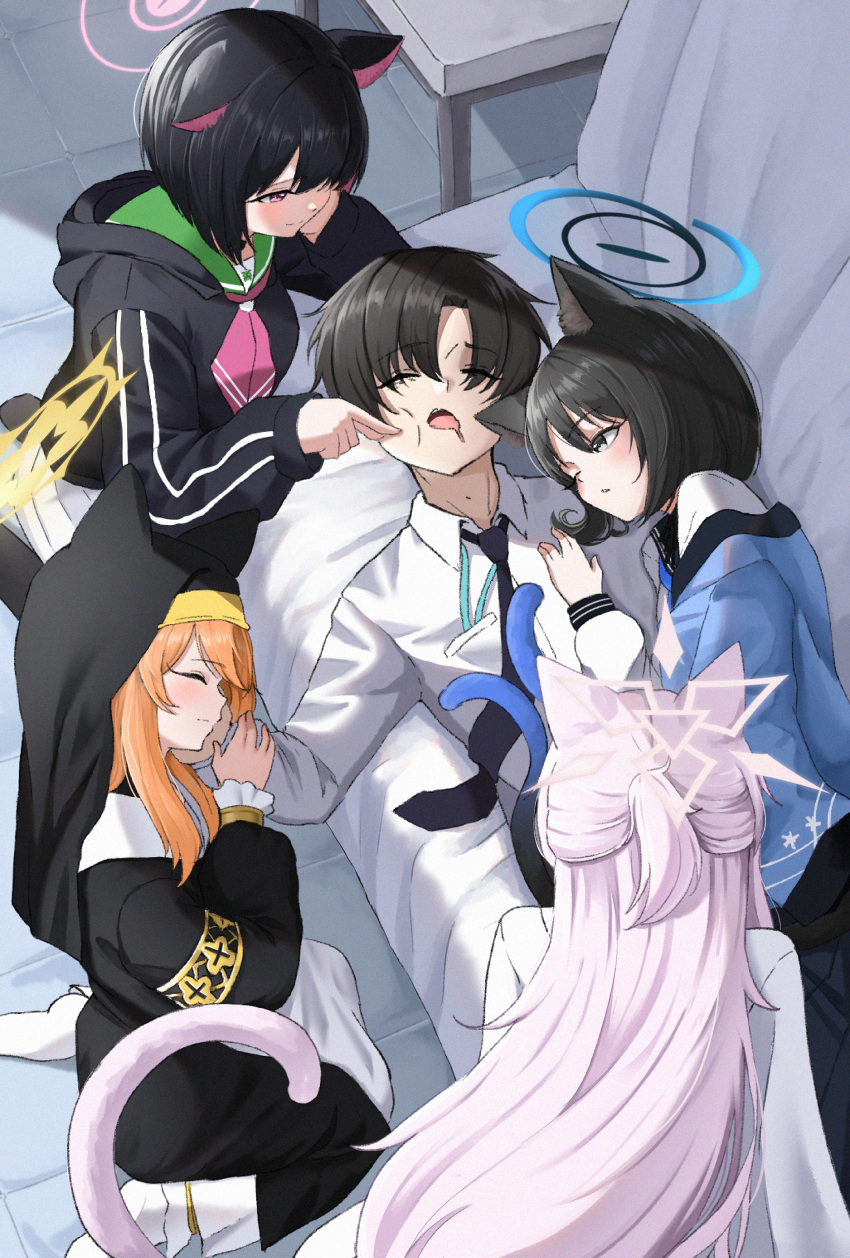 1boy 4girls ;o absurdres adult_aongly akira_(blue_archive) animal_ear_fluff animal_ears arm_support armlet bed_sheet bent_over black_eyes black_hair black_jacket black_necktie black_pantyhose blue_archive blue_archive_the_animation blunt_bangs bob_cut business_casual cat_ears cat_girl cat_tail cheek_poking collared_shirt colored_inner_hair commentary_request drooling extra_ears forehead from_above habit hair_between_eyes half_updo halo hand_on_another's_cheek hand_on_another's_face haori highres holding_hands hood hooded_jacket indoors jacket japanese_clothes kazusa_(blue_archive) kikyou_(blue_archive) kneeling lanyard long_hair long_sleeves looking_at_another lying lying_on_person mari_(blue_archive) multicolored_hair multiple_girls multiple_tails necktie nekomata nun on_back on_bed on_side one_eye_closed orange_hair pantyhose parted_bangs parted_lips pleated_skirt poking red_eyes school_uniform sensei_(blue_archive) sensei_(blue_archive_the_animation) serafuku shirt short_hair sidelocks sitting skirt sleeping smile socks tail two-tone_hair two_tails wariza white_hair white_serafuku white_shirt white_skirt white_socks