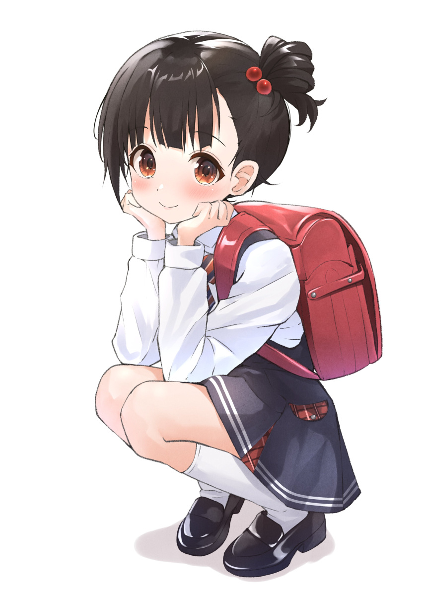 1girl absurdres asymmetrical_bangs b1ack_illust backpack bag black_footwear black_hair blue_dress blush bow brown_hair child commentary diagonal-striped_bow dress hair_bobbles hair_ornament head_rest highres idolmaster idolmaster_million_live! idolmaster_million_live!_theater_days looking_at_viewer nakatani_iku official_alternate_costume official_alternate_hairstyle randoseru red_bag school_uniform shadow shirt short_hair short_ponytail smile socks solo squatting white_background white_shirt white_socks