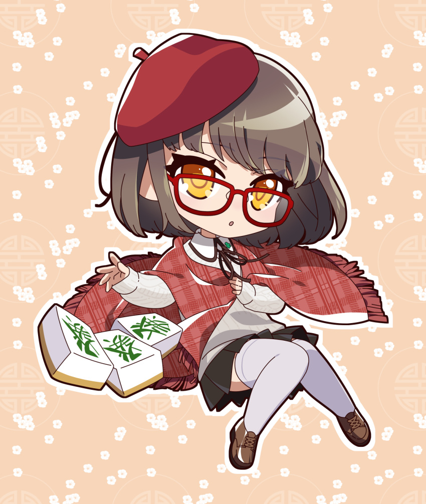 1girl :o beret black_skirt brown_footwear brown_hair brown_ribbon chibi commentary_request flat_chest full_body glasses grey_sweater hat highres long_sleeves looking_at_viewer mahjong_soul mahjong_tile medium_bangs neck_ribbon ninomiya_hana open_mouth orange_background outline plaid_shawl pleated_skirt red-framed_eyewear red_hat red_shawl ribbon sge51 shawl shoes short_hair skirt solo sweater thighhighs white_outline white_thighhighs yellow_eyes