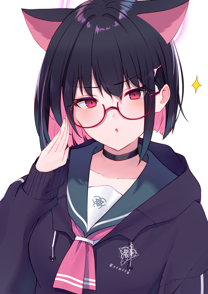 1girl absurdres animal_ears bespectacled black_choker black_hoodie black_jacket blue_archive blush cat_choker cat_ears choker collarbone colored_inner_animal_ears colored_inner_hair extra_ears glasses green_sailor_collar halo highres hood hooded_jacket hoodie jacket kazusa_(blue_archive) looking_at_viewer multicolored_hair neckerchief pink_hair pink_halo pink_neckerchief red-framed_eyewear sailor_collar short_hair simple_background solo white_background yata_mawari