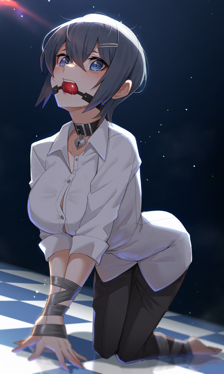 1girl absurdres all_fours ball_gag black_pants blue_eyes bound bound_legs bound_wrists breasts collar commission gag gagged grey_hair hair_ornament hairclip highres large_breasts original pants pixiv_commission shirt short_hair solo tape tape_bondage tearing_up vuxer white_shirt