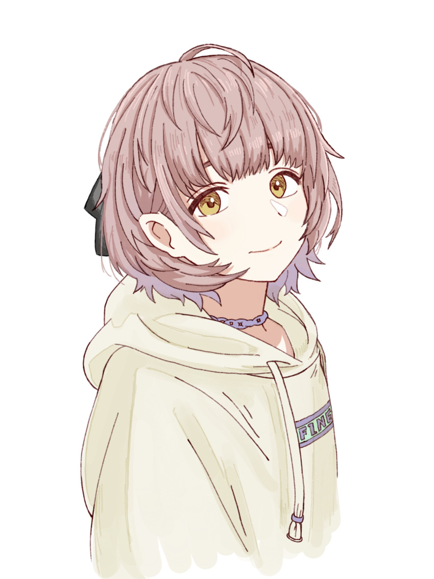 1girl absurdres blush brown_hair chain_necklace cropped_torso highres hood hoodie idolmaster idolmaster_shiny_colors ikuta_haruki jewelry katoretsu_(universe) light_smile looking_at_viewer necklace short_hair simple_background solo white_background yellow_eyes yellow_hoodie