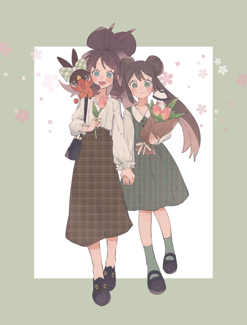 2girls :d bag black_footwear blue_eyes blush border bouquet brown_hair brown_skirt closed_mouth collared_shirt commentary double_bun dress flower foongus green_border green_dress green_socks hair_bun handbag high-waist_skirt highres hilda_(pokemon) hime_(himetya105) holding holding_bouquet holding_flower holding_hands long_sleeves looking_at_viewer multiple_girls open_mouth outside_border pink_flower pink_tulip pokemon pokemon_(creature) pokemon_bw pokemon_bw2 rosa_(pokemon) shirt shirt_tucked_in shoes side-by-side simple_background skirt sleeveless sleeveless_dress smile socks symbol-only_commentary tepig tulip twintails white_background white_shirt yuri