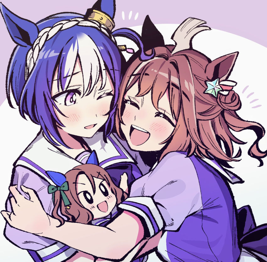 2girls ahoge animal_ears blue_hair blush breasts brown_hair cesario_(umamusume) character_doll closed_eyes commentary_request hair_between_eyes hair_ornament highres horse_ears horse_girl hug king_halo_(umamusume) medium_hair multiple_girls rhein_kraft_(umamusume) satomachi school_uniform simple_background tracen_school_uniform umamusume white_background