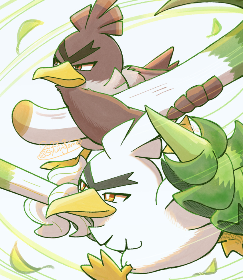 animal_focus bird bright_pupils brown_eyes closed_mouth duck falling_leaves galarian_farfetch'd highres leaf looking_ahead motion_lines no_humans pokemon pokemon_(creature) running shuri_(syurigame) signature sirfetch'd thick_eyebrows v-shaped_eyebrows white_background white_pupils