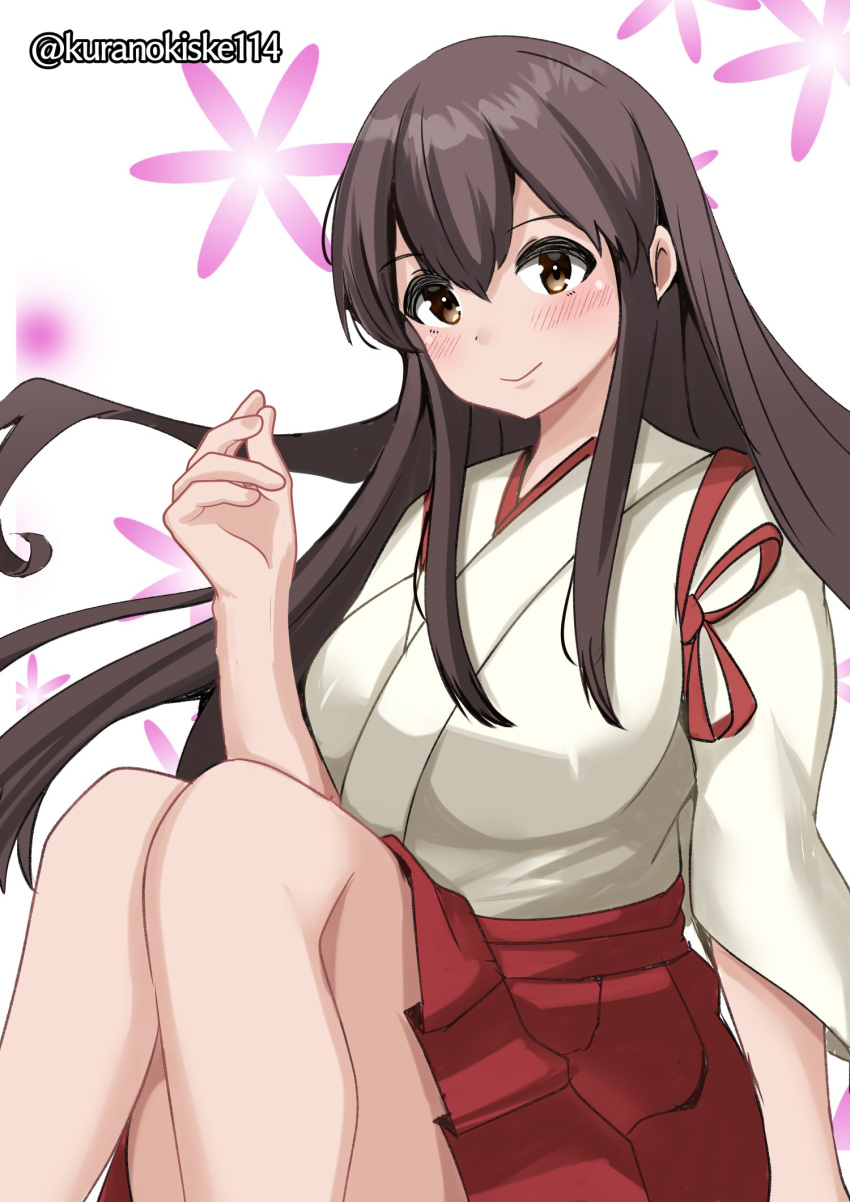 1girl akagi_(kancolle) black_hair brown_eyes feet_out_of_frame floral_background hakama hakama_skirt highres japanese_clothes kantai_collection kimono kurano_kisuke one-hour_drawing_challenge red_hakama sitting skirt smile solo tasuki twitter_username white_kimono