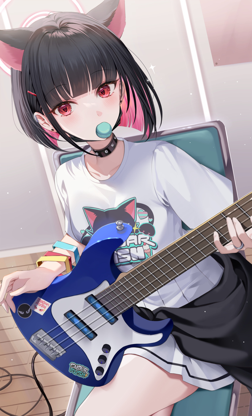 1girl absurdres animal_ears bass_guitar black_choker black_hair black_jacket black_wristband blue_archive blunt_bangs blunt_ends breasts cat_ears cat_girl choker clothes_around_waist colored_inner_hair commentary crossed_legs ear_down ear_piercing earrings electric_guitar extra_ears food food_in_mouth guitar hair_ornament hairclip halo highres instrument ion_(on01e) jacket jacket_around_waist jewelry kazusa_(band)_(blue_archive) kazusa_(blue_archive) looking_at_viewer macaron mask_pull multicolored_hair music official_alternate_costume on_chair piercing pink_hair pink_halo playing_instrument print_shirt red_eyes reflective_floor ring shirt short_hair sitting skirt solo sticker upper_body white_shirt white_skirt