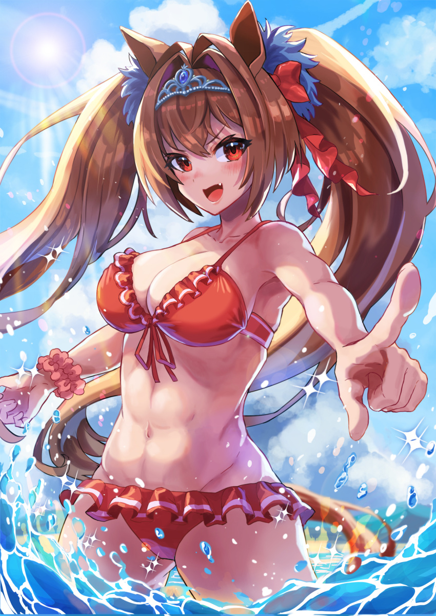 1girl 3_reversible animal_ears antenna_hair armpits arms_behind_head bikini bow breasts brown_hair cleavage commentary_request cowboy_shot daiwa_scarlet_(trifle_vacation)_(umamusume) daiwa_scarlet_(umamusume) fang frilled_bikini frills front-tie_bikini_top front-tie_top hair_bow hair_intakes halterneck highres horse_ears horse_girl jewelry large_breasts long_hair looking_at_viewer navel necklace red_bikini red_bow red_eyes solo swimsuit tiara twintails umamusume very_long_hair