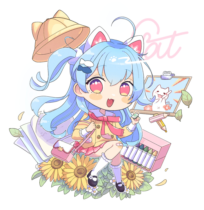 1girl :d ahoge animal_ears artist_name bag blue_hair blush bow bowtie buttons cat cat_ears chibi colored_pencil commentary_request crayon fang flower full_body gat-chan handbag holding holding_mahjong_tile igarashi_haruna long_hair long_sleeves looking_at_viewer mahjong_soul mahjong_tile medium_bangs miniskirt one_side_up open_mouth paper pencil pink_bow pink_bowtie pink_skirt pleated_skirt sailor_collar school_uniform serafuku shirt simple_background skin_fang skirt smile solo sunflower tenbou white_background white_cat white_sailor_collar yellow_flower yellow_shirt