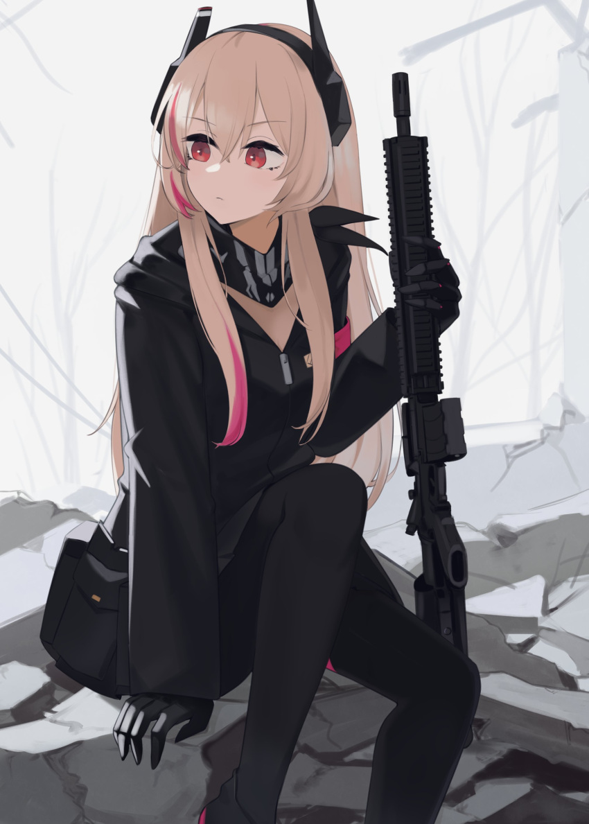 1girl absurdres assault_rifle bandana bandana_around_neck black_bandana black_jacket black_pantyhose blonde_hair closed_mouth girls'_frontline gun hair_between_eyes headgear highres hinami047 holding holding_gun holding_weapon hood hooded_jacket jacket long_hair looking_to_the_side m4_carbine m4_sopmod_ii m4_sopmod_ii_(girls'_frontline) mechanical_hands multicolored_hair pantyhose pink_hair red_eyes rifle rubble sidelocks sitting solo streaked_hair weapon