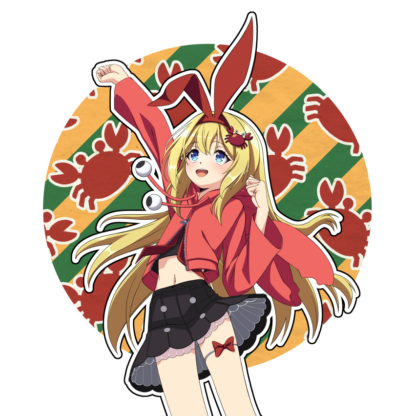 1girl absurdres animal_ears arm_up black_skirt blonde_hair blue_eyes bow cowboy_shot crab_costume crab_hair_ornament fake_animal_ears fist_pump flat_chest godyuurei hairband highres hood hood_down hoodie long_hair long_sleeves looking_up mahjong_soul medium_bangs midriff mikami_chiori navel pleated_skirt rabbit_ears red_bow red_hairband red_hoodie sidelocks skirt smile solo