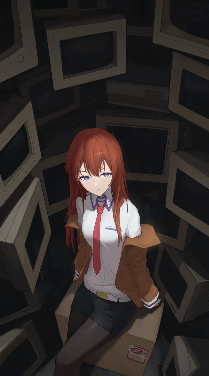 1girl absurdres arm_support belt black_pantyhose black_shorts box breasts bright_pupils brown_hair brown_jacket cardboard_box closed_mouth collared_shirt crt expressionless feet_out_of_frame from_above hair_between_eyes highres jacket long_hair long_sleeves looking_at_viewer makise_kurisu medium_breasts monitor necktie off_shoulder open_clothes open_jacket pantyhose pantyhose_under_shorts purple_eyes red_necktie shirt short_shorts shorts sitting sleeves_past_wrists solo steins;gate white_belt white_pupils white_shirt yaoyang_47